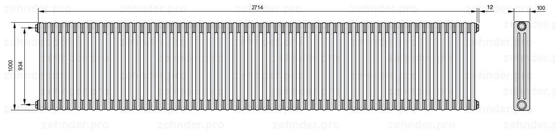Схема (чертеж) Радиатор Zehnder Charleston 3100/59 №1270 Белый глянцевый RAL 9016
